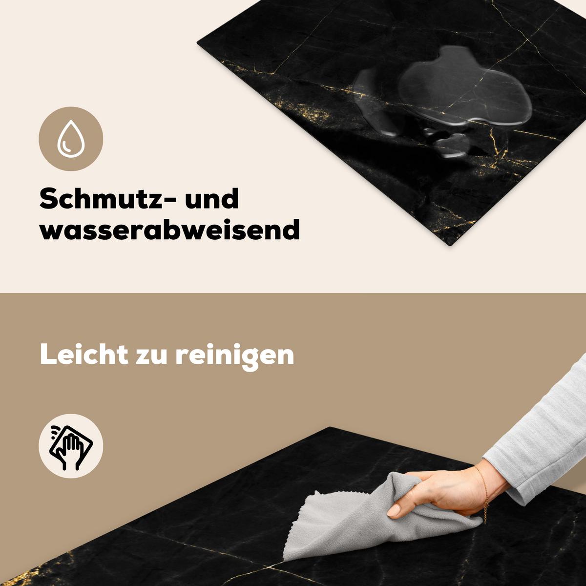 HERDABDECKPLATTE Marmor - Schwarz - Gold - Chic - Marmoroptik - Design Herdabdeckung Induktionsfeld 65x52 cm - Schwarz, Kunststoff (65/52/0.2cm) - MuchoWow