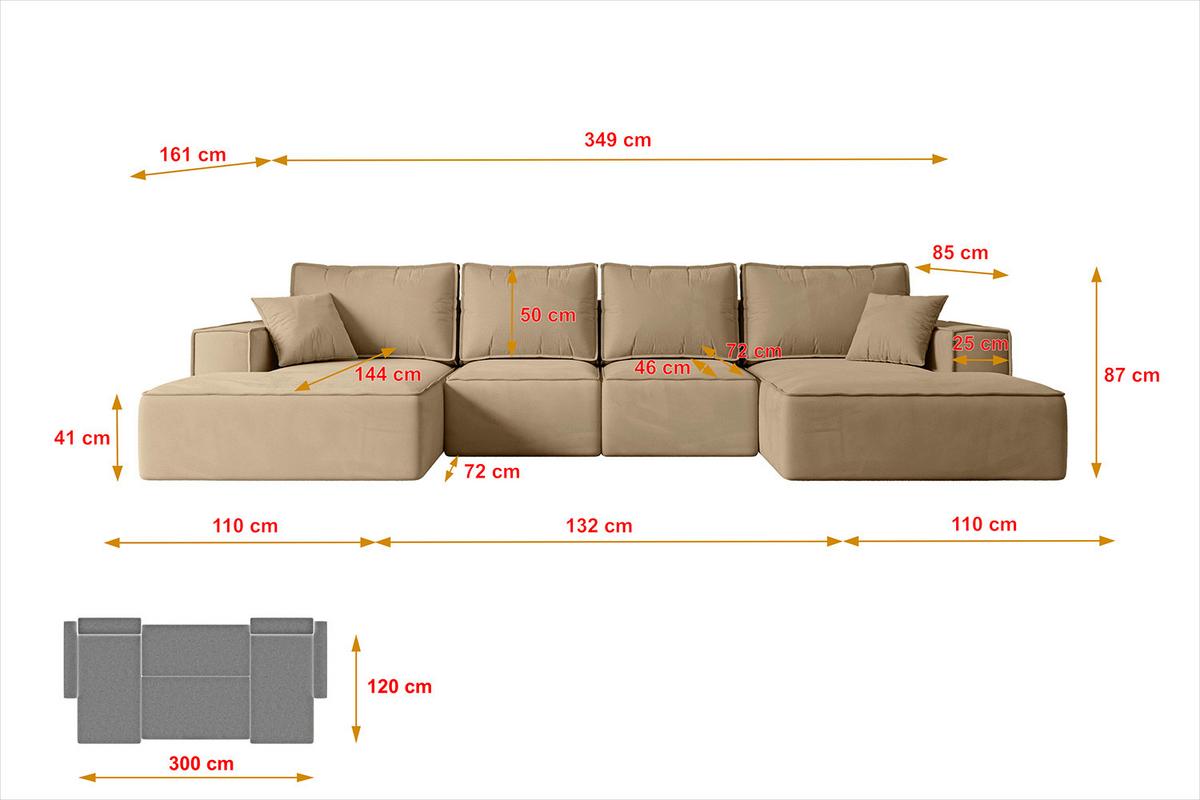 WOHNLANDSCHAFT mit Schlaffunktion und Bettkasten SIERRA-U-S - 349x161x87 cm Beige Velours - Beige/Schwarz, Holzwerkstoff/Kunststoff (349/87/161cm) - ALTDECOR