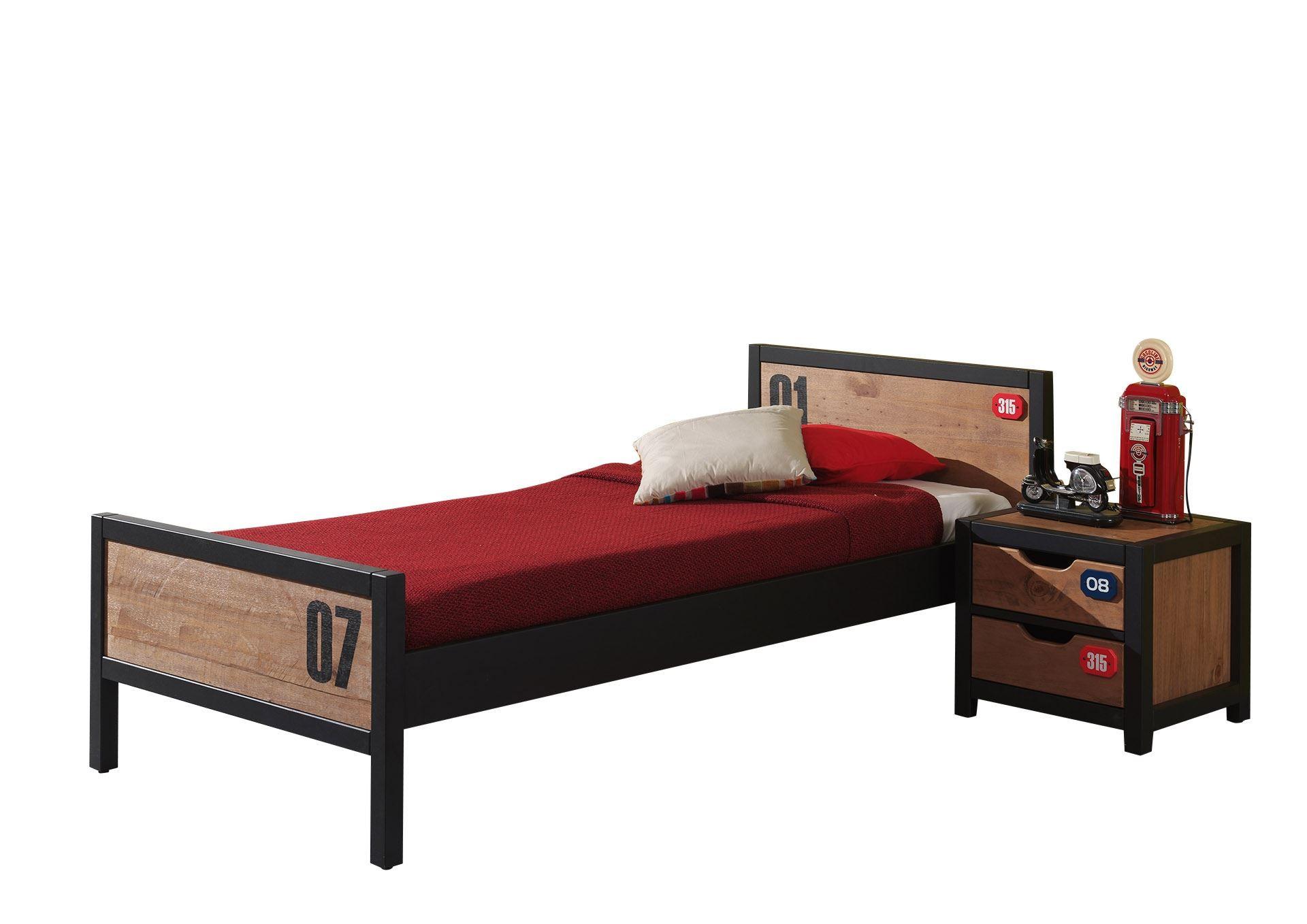 BETT mit Nachtkommode Kameko aus Holz+MDF in Schwarz/Natur - Cognac/Schwarz, Holz (90/200cm) - 58aufmkessel