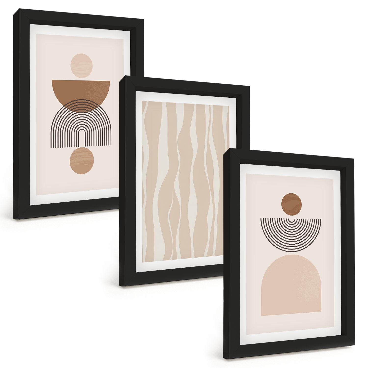 BILDER SET 3er Set - 20x30 cm Schwarzer Rahmen - Abstrakte Formen braun beige - Schwarz, Kunststoff (20/30cm) - TULUP