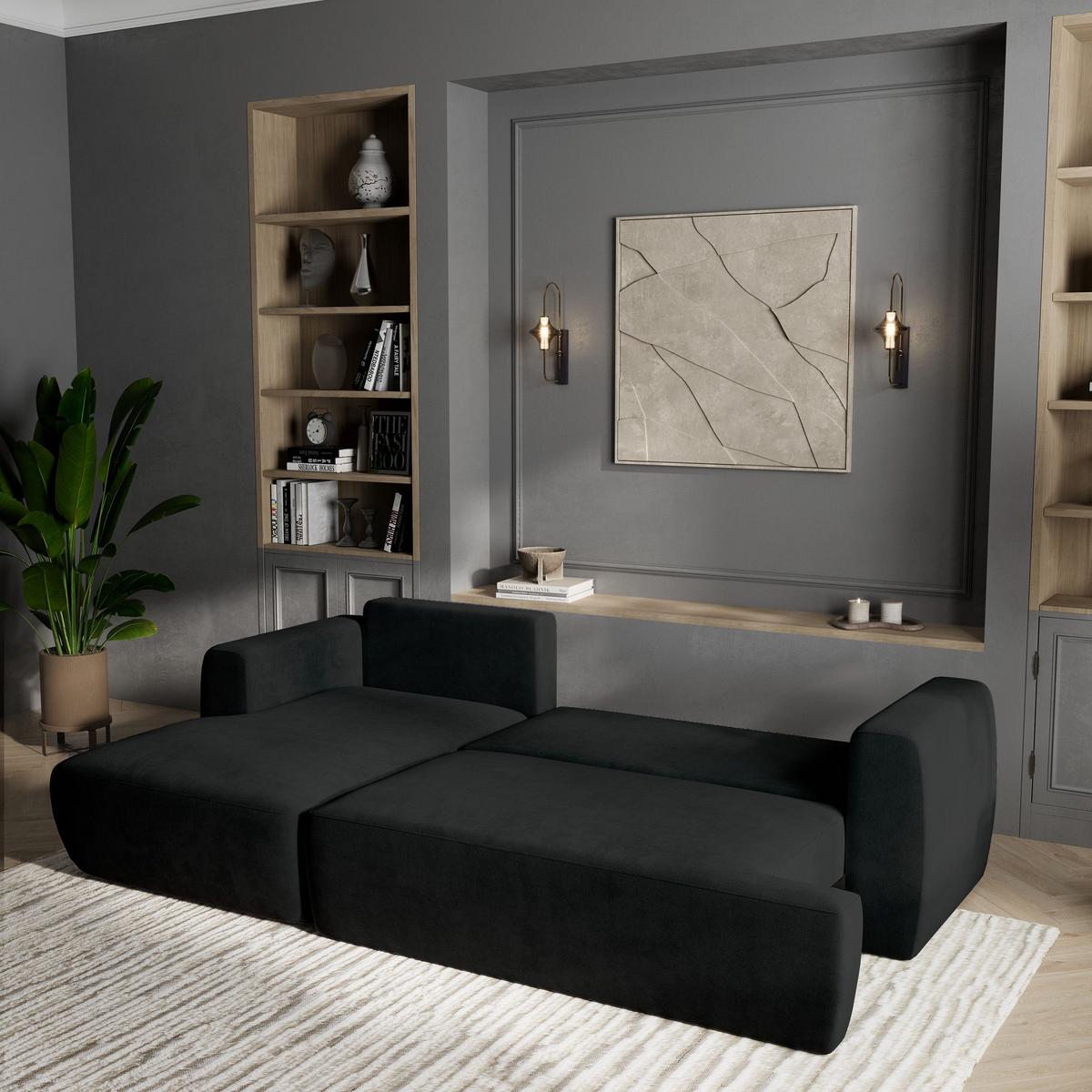 ECKSOFA SENTI K L-S Schwarz Plüsch-Stoff mit Schlaffunktion - Schwarz, Holz/Kunststoff (246/148cm) - MASSENO