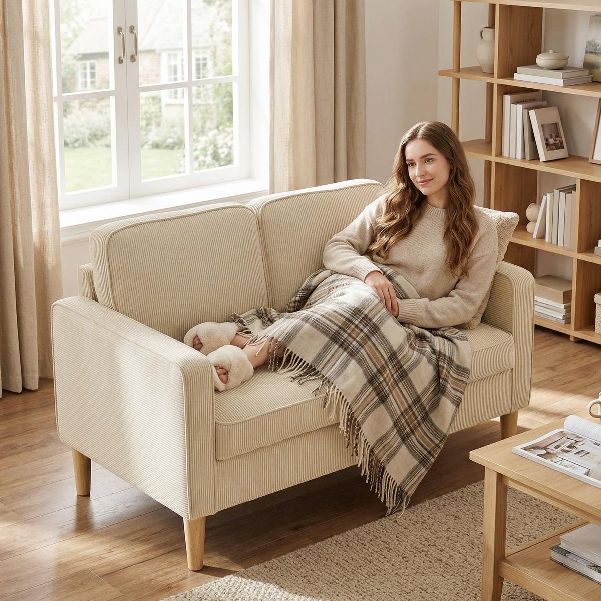 2-SITZER-SOFA Polyester Beige - Beige/Naturfarben, Holz/Textil (63/79/117cm) - HOMCOM