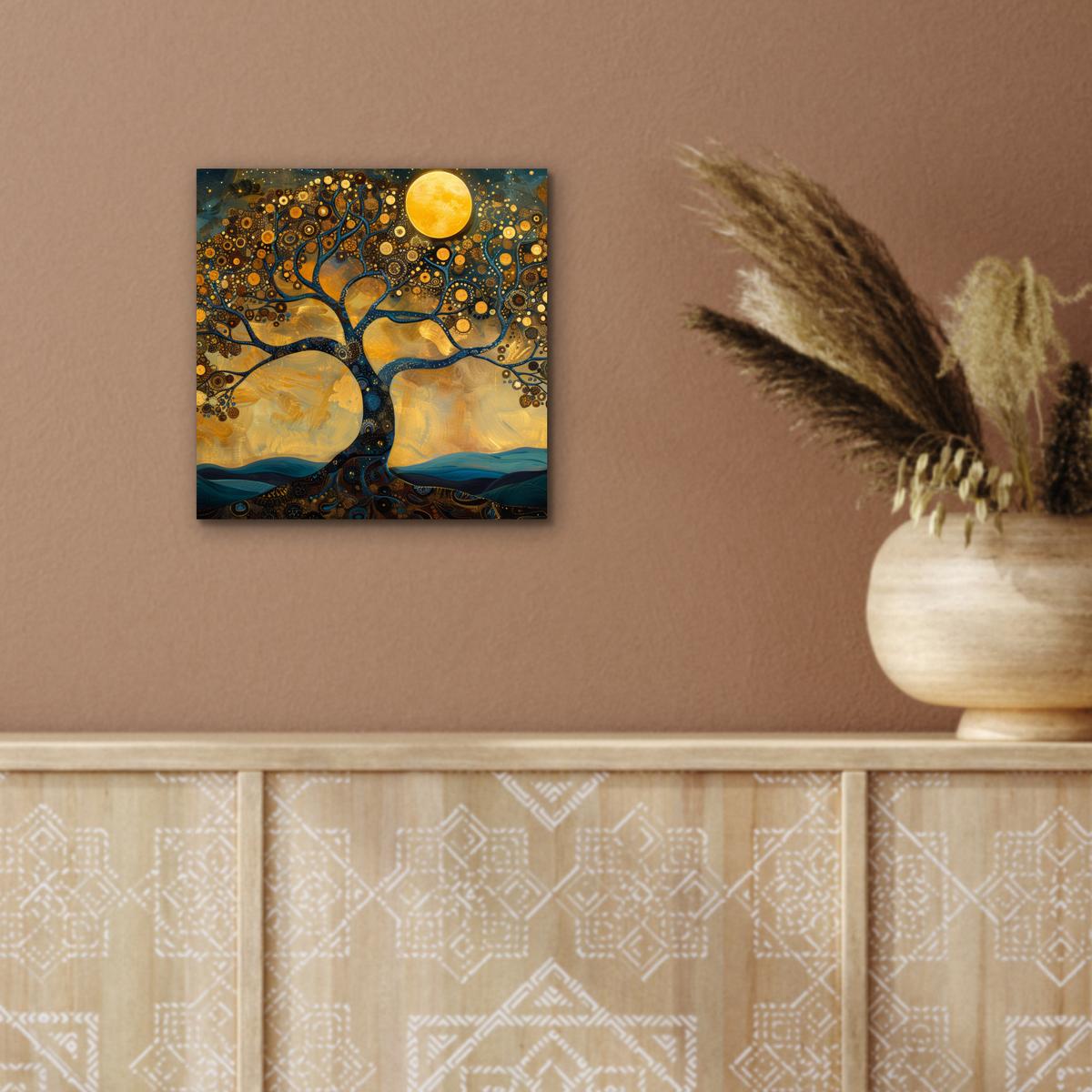 METALLBILD Baum - Mond - Blumen - Gold - Kunst 20x20 cm - Orange, Metall (20/20cm) - MuchoWow