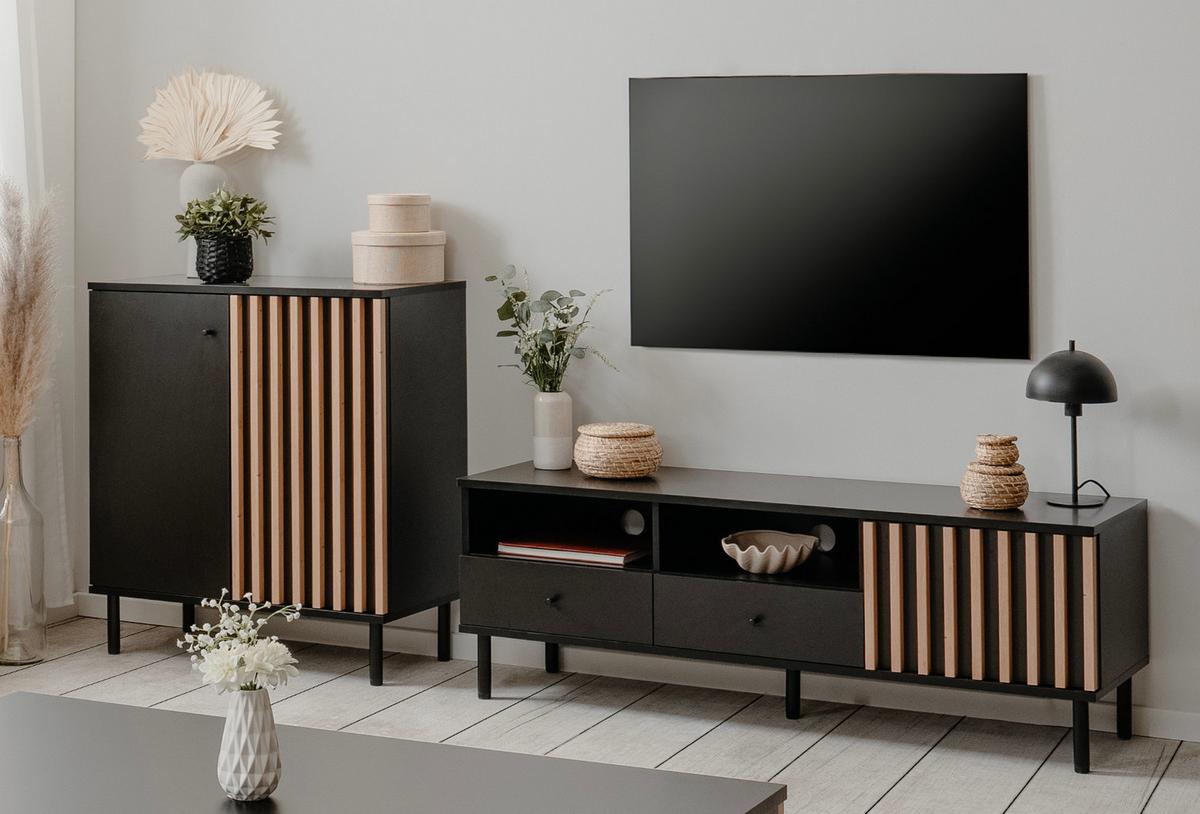 TV-LOWBOARD schwarz, Eiche Artisan 138 cm, TV-Unterteil mit 3D-Lamellen - Schwarz/Eiche Artisan, Holzwerkstoff/Metall (138/49/40cm) - Furn.Design