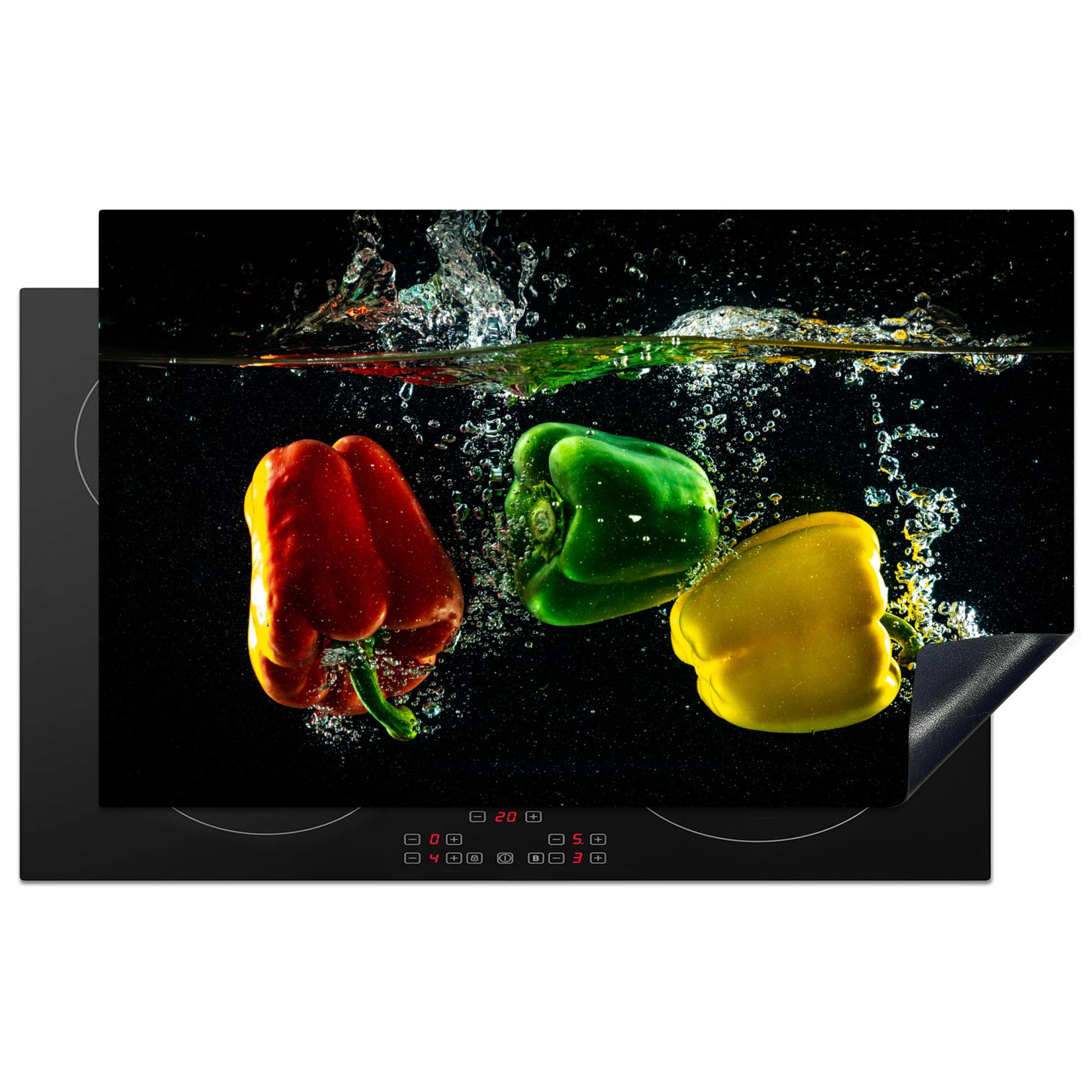 HERDABDECKPLATTE Paprika - Gemüse - Wasser - Schwarz - Rot - Grün - Gelb Induktionsmatte 83x51 cm - Multicolor, Kunststoff (83/51.5/0.2cm) - MuchoWow