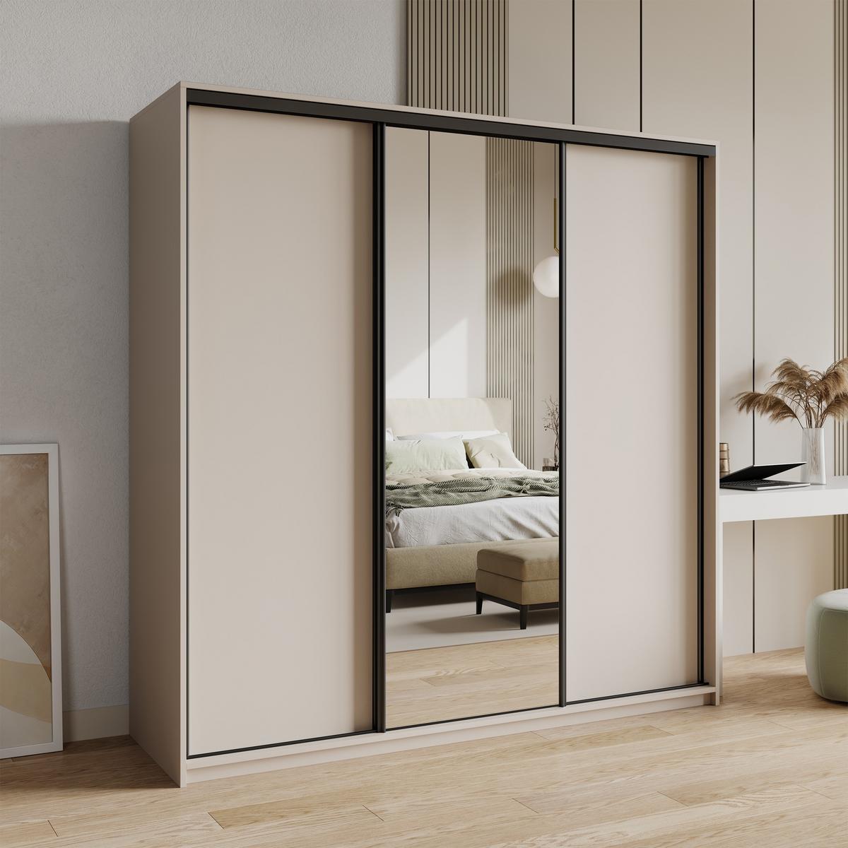 SCHWEBETÜRENSCHRANK TAVI 180/205/60 cm 3-türig mit Spiegel und Schubladen Kaschmir - Kaschmir/Schwarz, Holzwerkstoff (180/205/60cm) - MASSENO