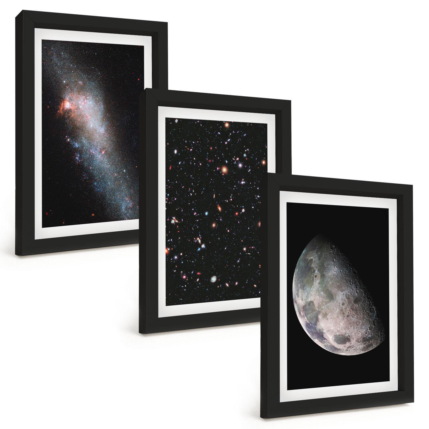 BILDER SET 3er Set - 20x30 cm Schwarzer Rahmen - Weltraum Galaxien Sterne Mond - Schwarz, Kunststoff (20/30cm) - TULUP