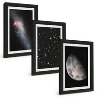 BILDER SET 3er Set - 20x30 cm Schwarzer Rahmen - Weltraum Galaxien Sterne Mond - Schwarz, Kunststoff (20/30cm) - TULUP