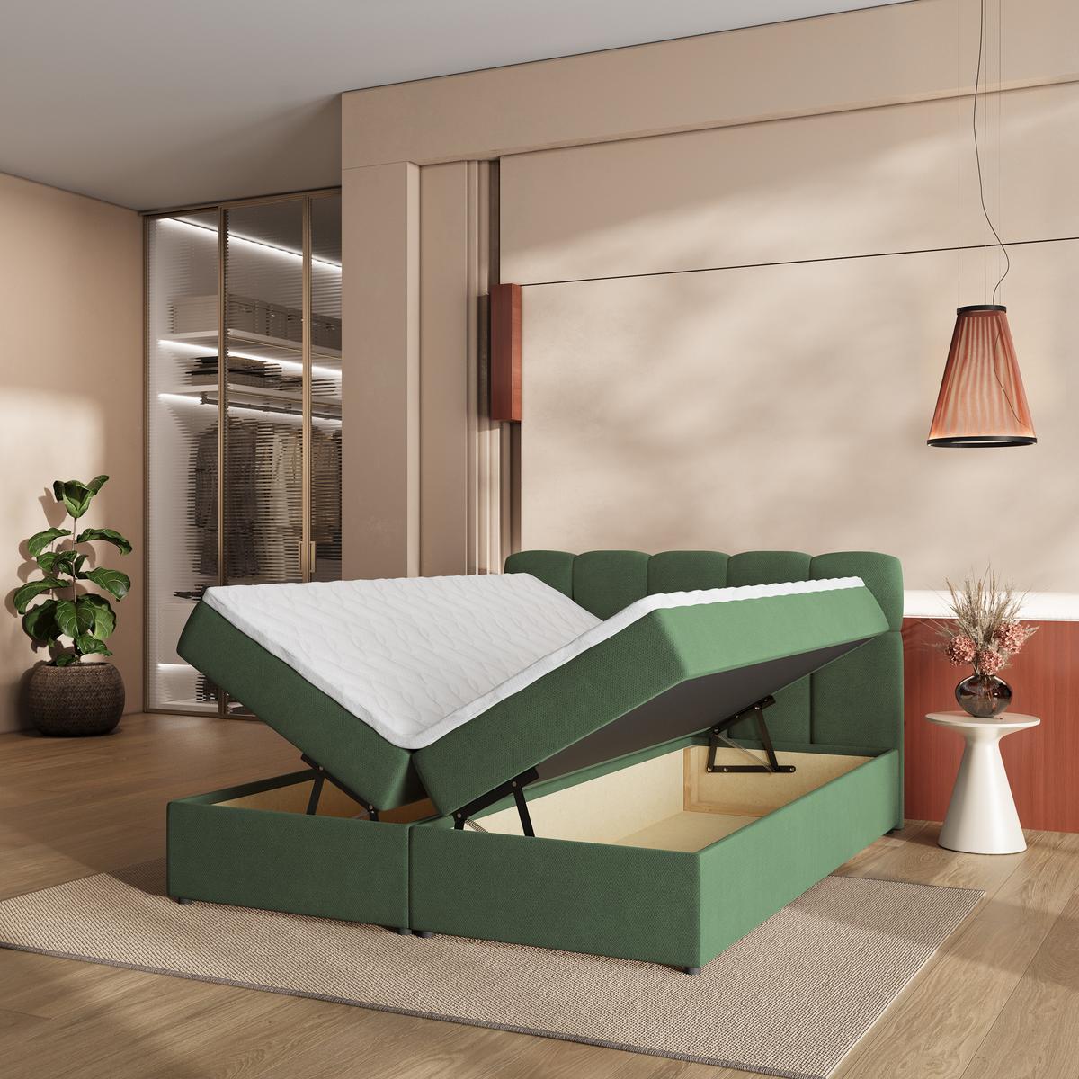 BOXBETT MERU 140x200 cm mit Matratze und Topper - Grün - Grün, Holz (140/200cm) - MASSENO