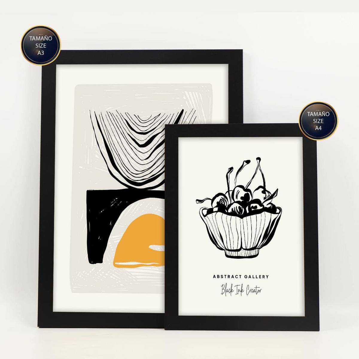 POSTER Set Mit 6 In Schwarzer Tinte Früchte Künstlerische Und Abstrakte Drucke Für Innenarchitektur A3 & A4 Schwarzer Rahmen - Schwarz, Papier (29/3cm) - Nacnic