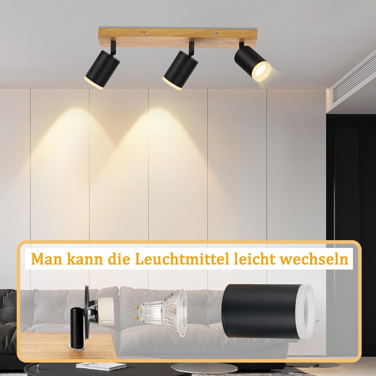 DECKENSTRAHLER Recklinghausen 3-flammig 41/6/15 cm - Schwarz, Holz (41/6/15cm) - Nettlife