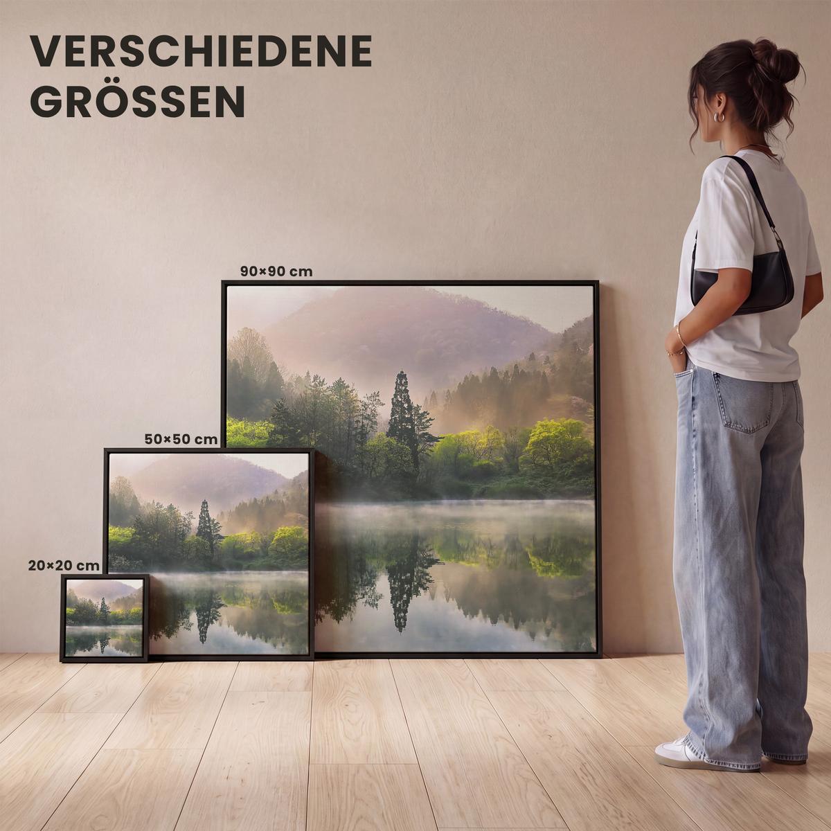 LEINWAND Bilder mit Rahmen - Natur - Bäume - Berge - See - Wasser - 90x90 - Hellgrün, Textil (90/90cm) - MuchoWow