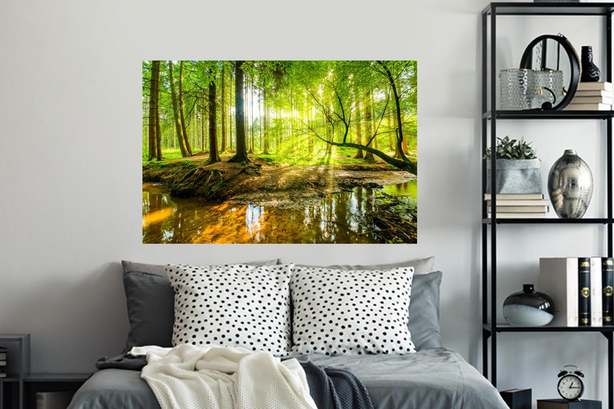 WANDTATTOO Wald - Landschaft - Wasser - Bäume - Sonne - Grün - Natur Wandsticker 120x80 cm - Grün, Kunststoff (120/80/0.1cm) - MuchoWow
