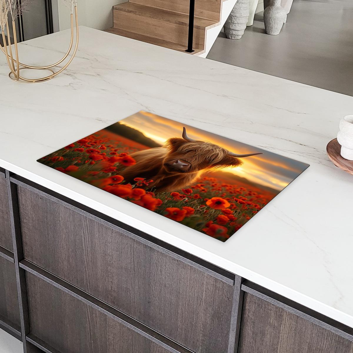 HERDABDECKPLATTE Schottische Highlander - Rosen - Blumenfeld - Sonnenuntergang Ceranfeldabdeckung 80x52 cm - Rotbraun, Kunststoff (80/52/0.2cm) - MuchoWow