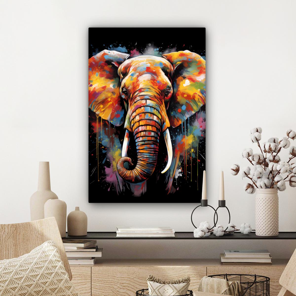 LEINWANDBILD Elefant - Graffiti - Schwarz - Tiere - Farben Wanddeko 40x60 cm - Schwarz, Textil (40/60cm) - MuchoWow