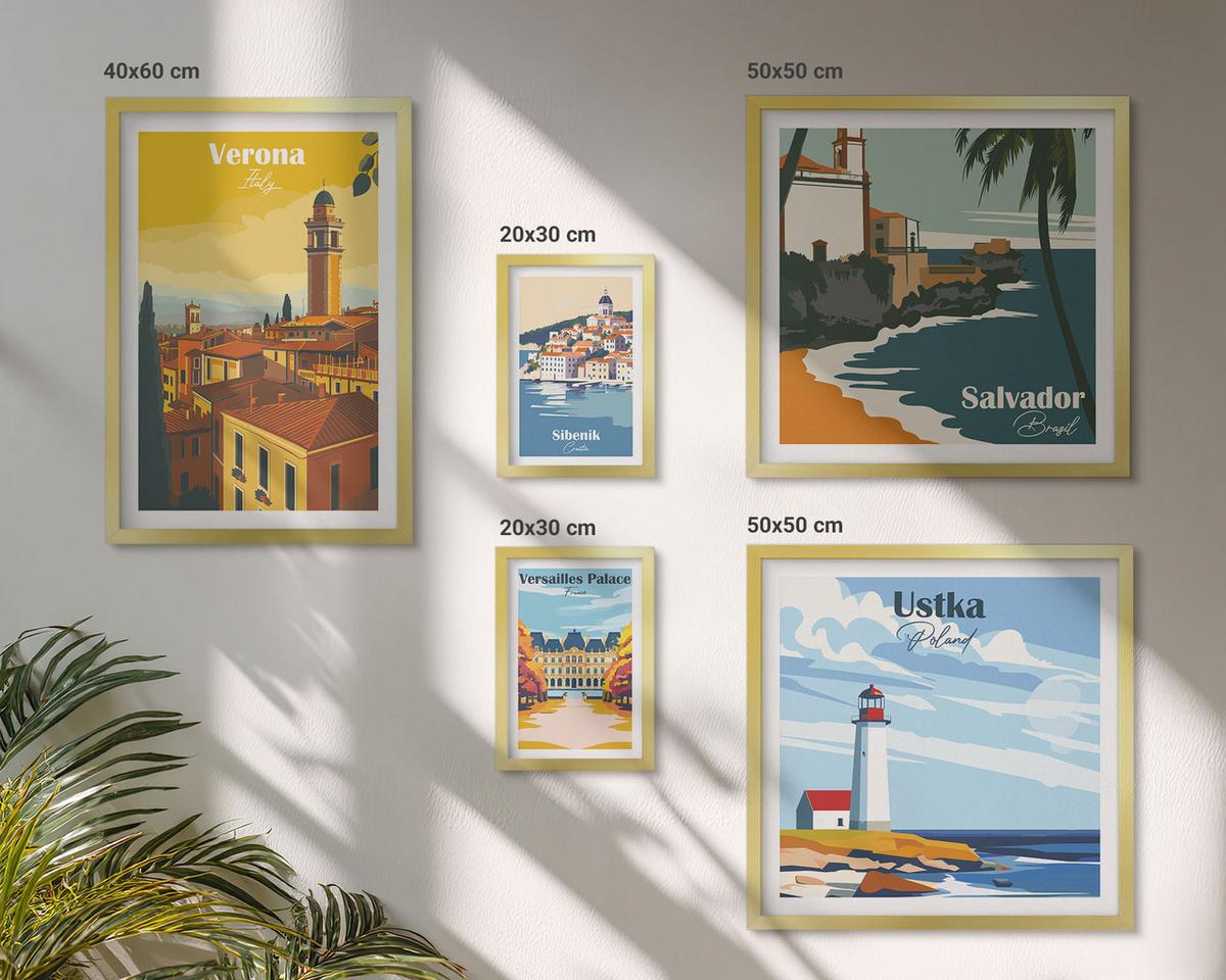 BILDER SET 5er Set - 50x50 cm & 20x30 cm & 40x60 cm Goldrahmen - Europäische Städte in farbigen Illustrationen - Goldfarben, Kunststoff (40/60cm) - TULUP