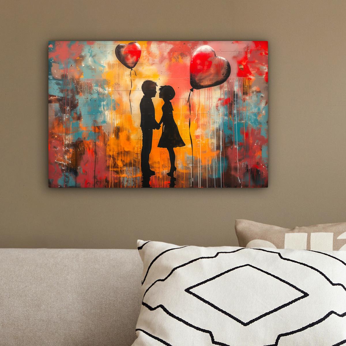 LEINWANDBILD Straßenkunst - Liebe - Graffiti - Kunst - Banksy Deko Schlafzimmer 30x20 cm - Orange, Textil (30/20cm) - MuchoWow