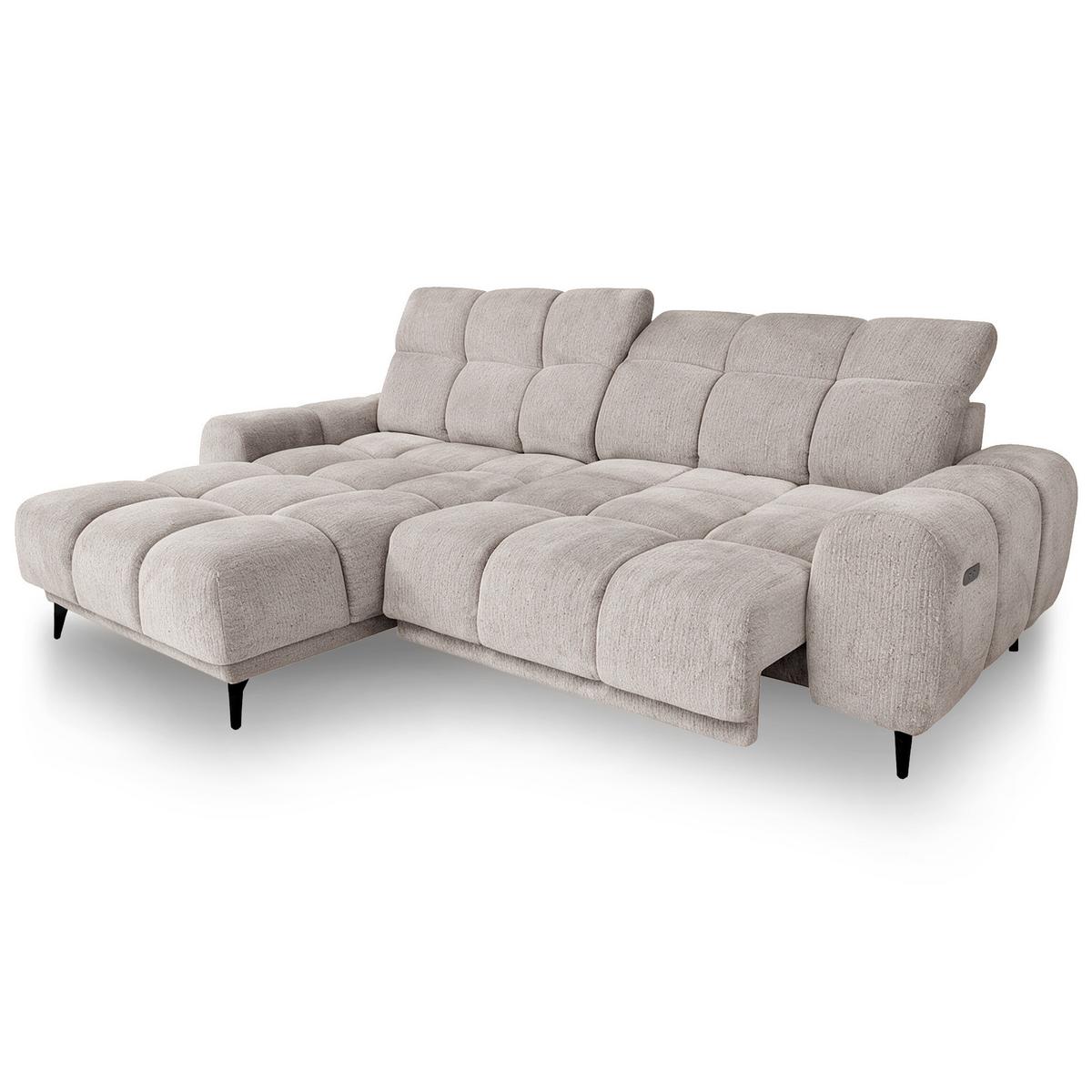 ECKSOFA Marco Mini mit elektrisch ausfahrbarem Sitz und verstellbaren Kopfstützen, Links, Chenille-Stoff, Beige - Beige/Schwarz, Textil (275/182cm) - Beautysofa