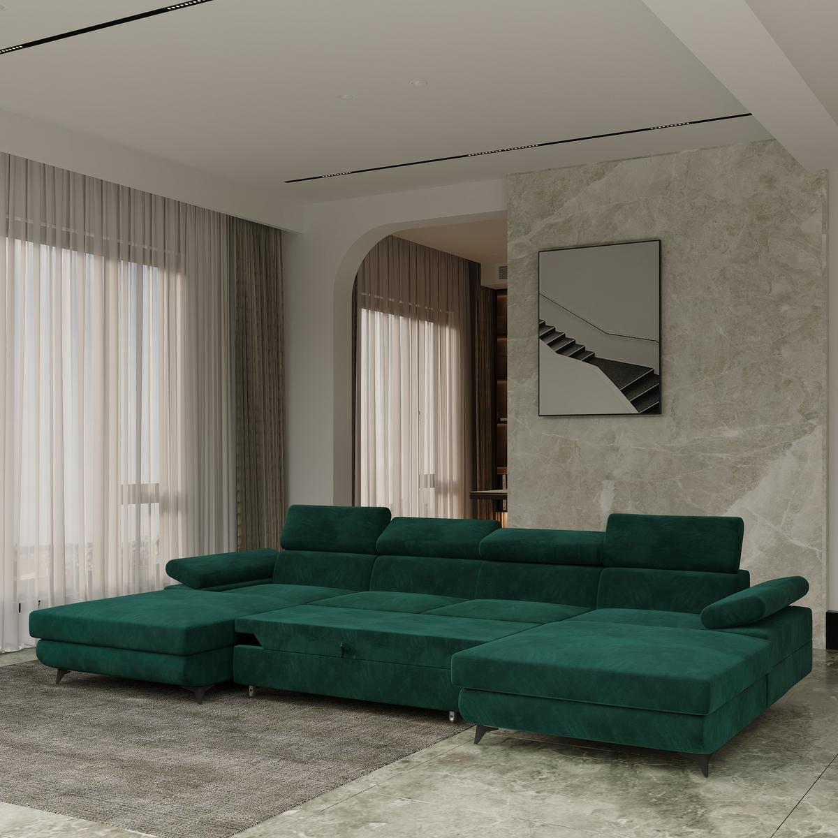 WOHNLANDSCHAFT DETTI Grün Velours-Stoff mit Schlaffunktion - Grün, Holz (339/89/190cm) - MASSENO