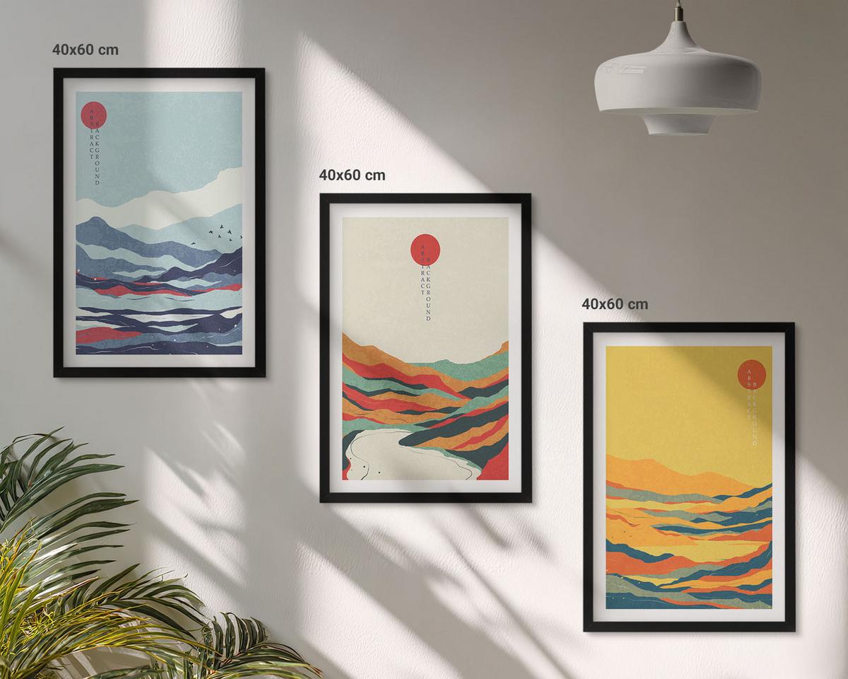 BILDER SET 3er Set - 40x60 cm Schwarzer Rahmen - Abstraktion von farbenfrohen Bergen und Flüssen - Schwarz, Kunststoff (40/60cm) - TULUP