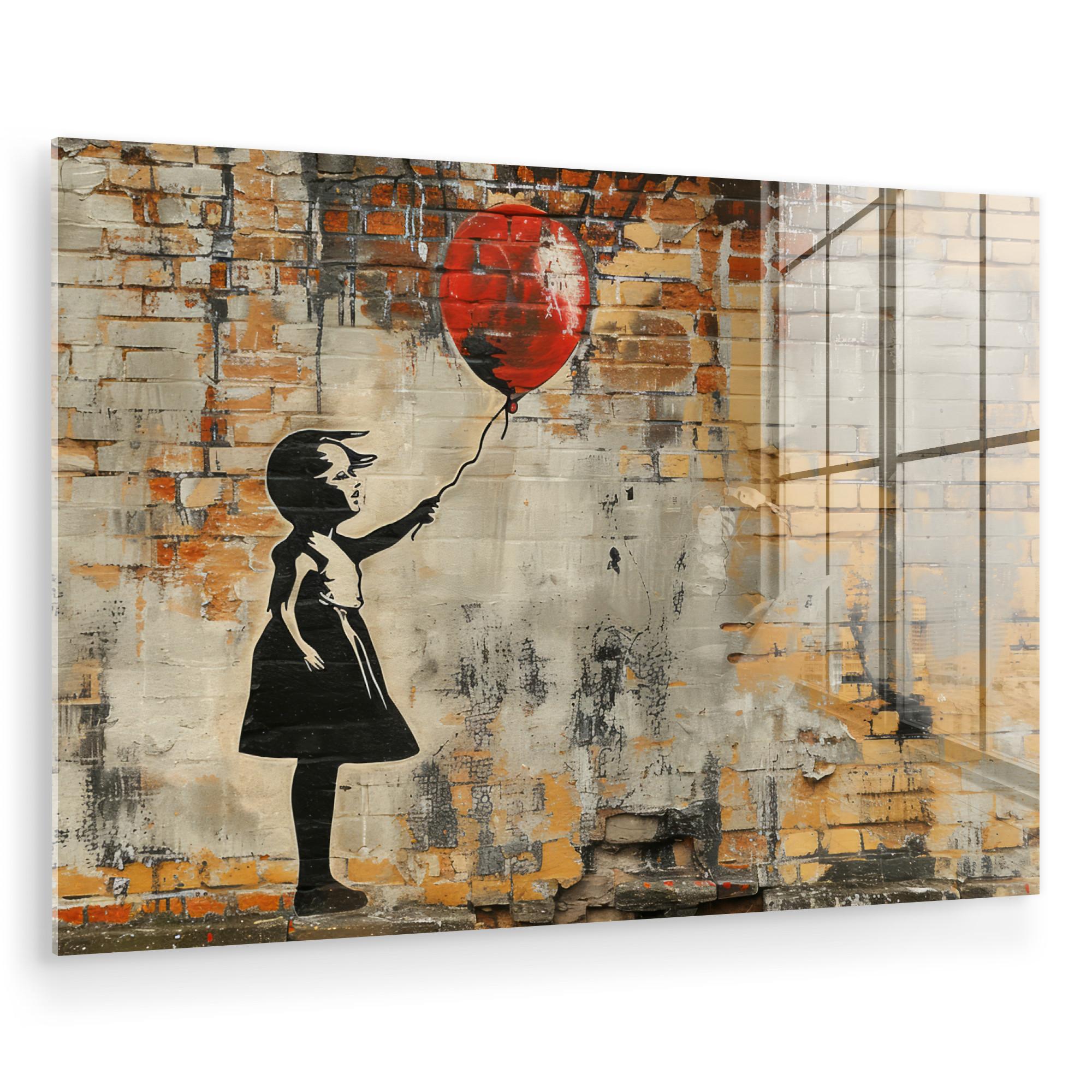 ACRYLGLASBILD Graffiti - Banksy - Mädchen - Straßenkunst Wanddeko 60x40 cm - Sandfarben, Glas (60/40cm) - MuchoWow
