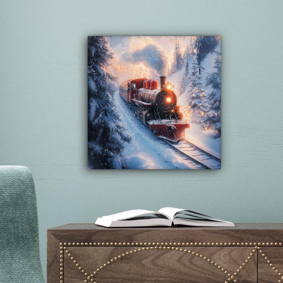 LEINWANDBILD Weihnachtszug - Schnee - Winter - Weihnachten Deko Wohnzimmer 20x20 cm - Dunkelrot, Textil (20/20cm) - MuchoWow