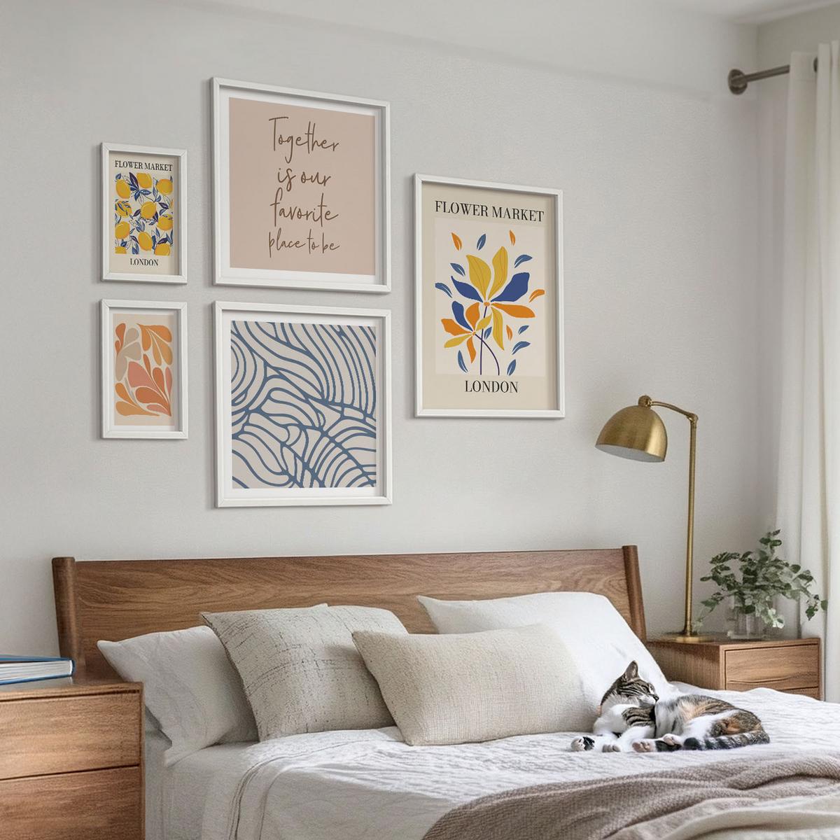 BILDER SET 5er Set - 50x50 cm & 20x30 cm & 40x60 cm Weißer Rahmen - Moderne abstrakte Blumen - Weiß, Kunststoff (40/60cm) - TULUP