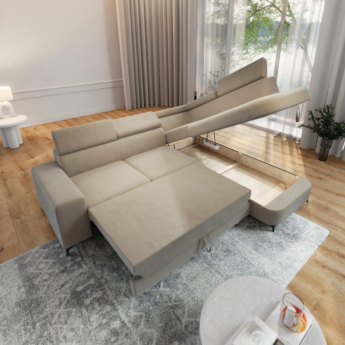 ECKSOFA ALVORO R-S Beige Velours-Stoff mit Schlaffunktion - Beige, Holz (253/190cm) - MASSENO