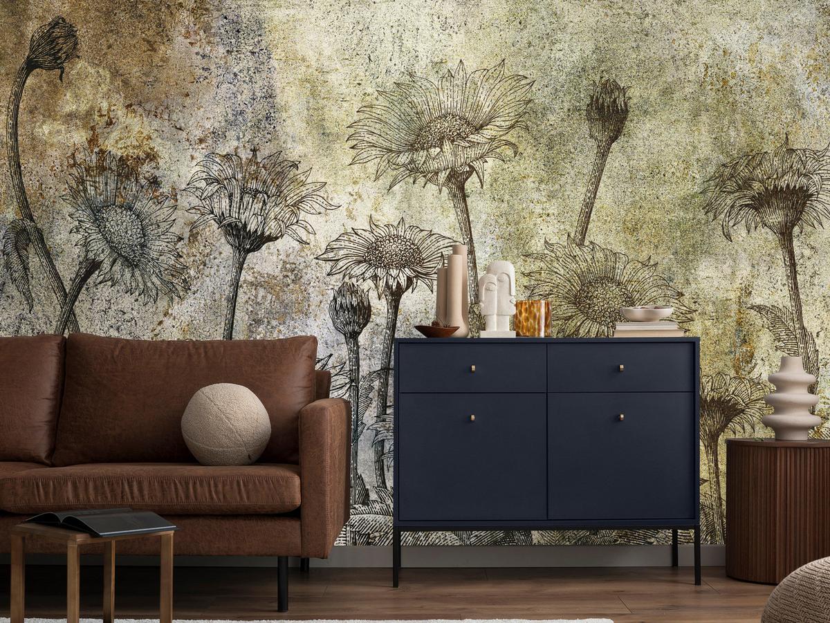 FOTOTAPETE Abstrakte Sonnenblumen Beton Retro 200x140 - Beige/Braun, Papier (200/140cm) - Muralo