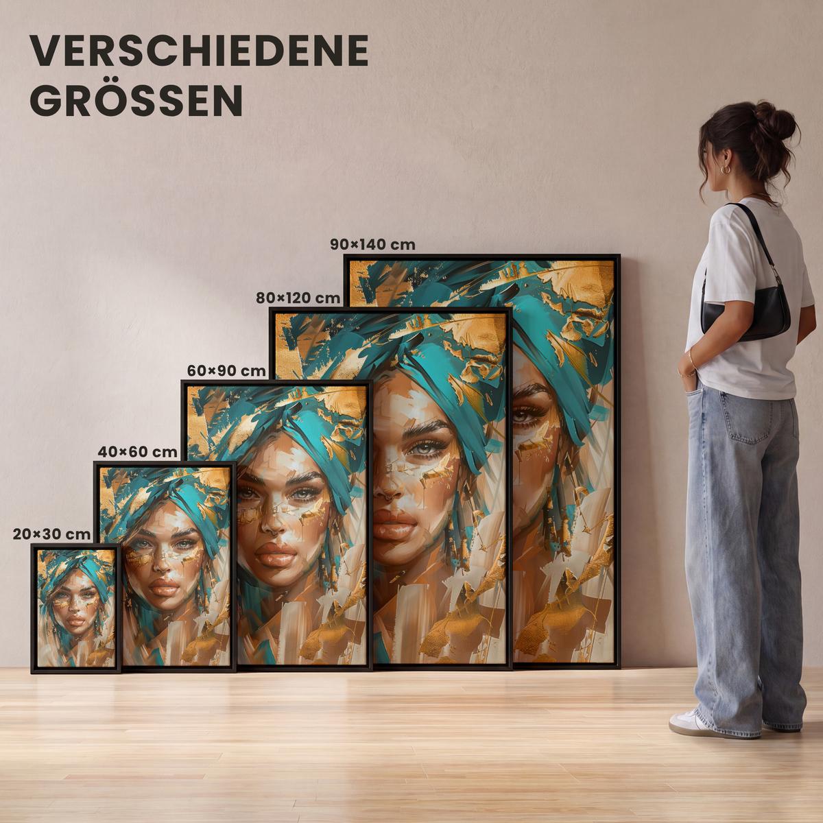 LEINWAND Bilder mit Rahmen - Frau - Porträt - Gold - Luxus - Blau - 80x120 - Türkis, Textil (80/120cm) - MuchoWow