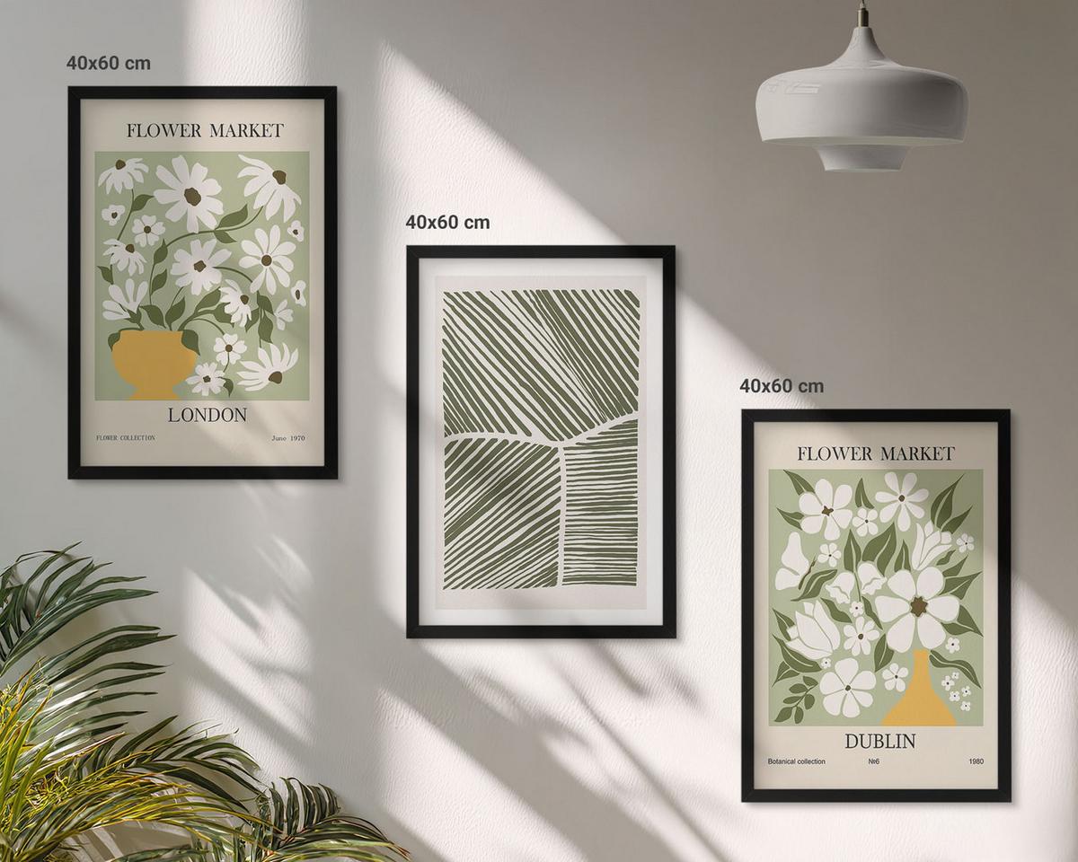 BILDER SET 3er Set - 40x60 cm Schwarzer Rahmen - Blumenmuster London Dublin - Schwarz, Kunststoff (40/60cm) - TULUP