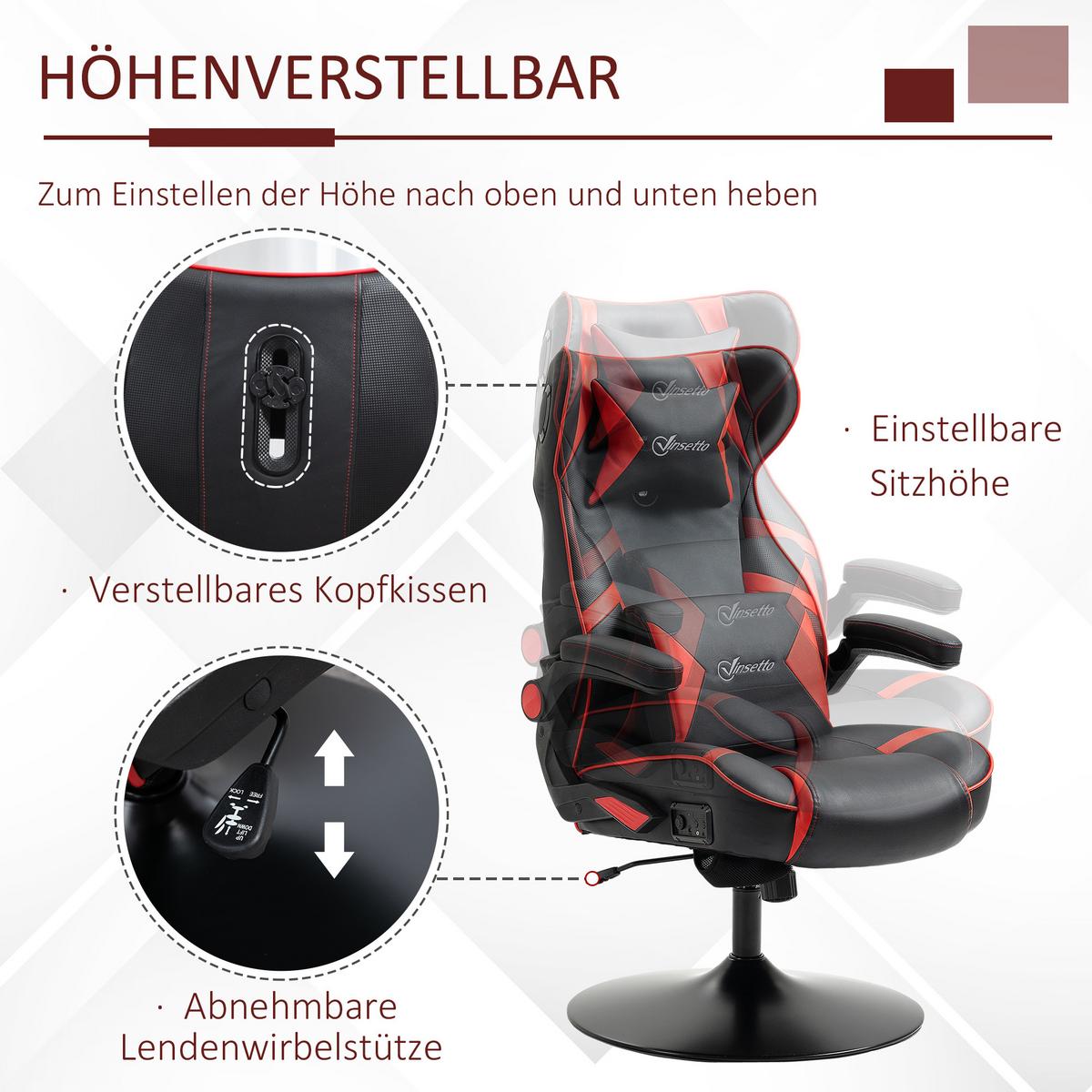 GAMINGSESSEL mit Wippfunktion Gaming Stuhl mit Lautsprecher Bürostuhl Kunstleder - Rot/Schwarz, Leder (73/118/69cm) - Vinsetto
