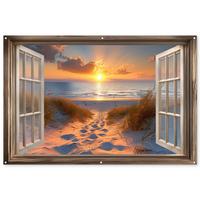 GARTENPOSTER Durchblick - Strand - Dünen - Sonnenuntergang Poster für draußen 180x120 cm - Orange, Kunststoff (180/120/0.2cm) - OnlyWow
