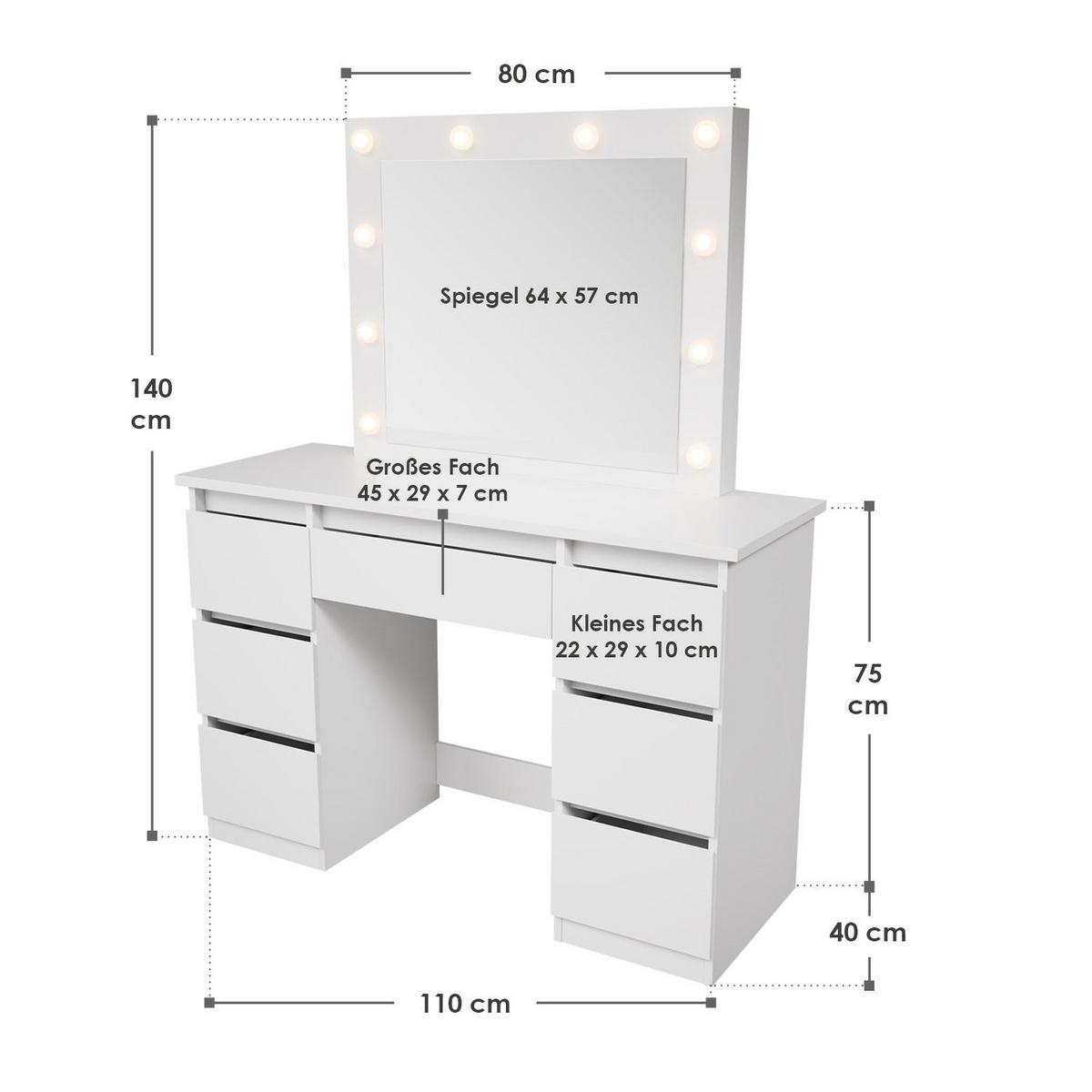 SCHMINKTISCH Talea mit LED (3 Lichtstufen) - Weiß, Holz (110/141/40cm) - Juskys