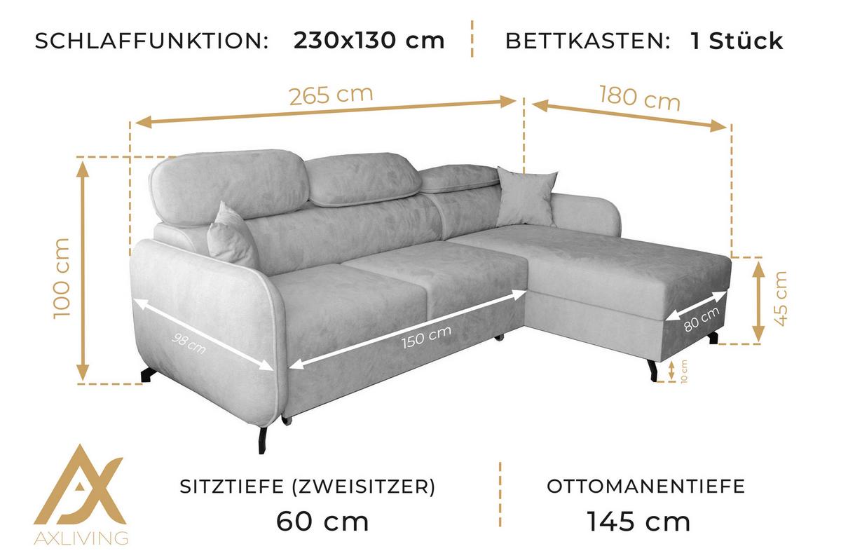 ECKSOFA L Form Ribella 5 Türkis 265/180/100 cm Links mit Schlaffunktion - Türkis/Schwarz, Textil/Metall (180/265cm) - AX Living