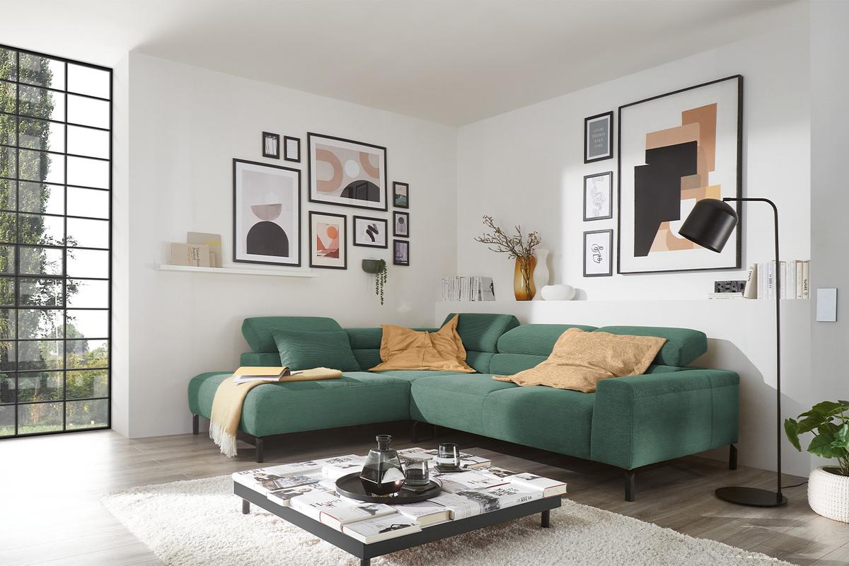 ECKSOFA DELIA Smaragdgrün Cord - Smaragdgrün/Schwarz, Textil/Metall (276/219cm) - KAWOLA
