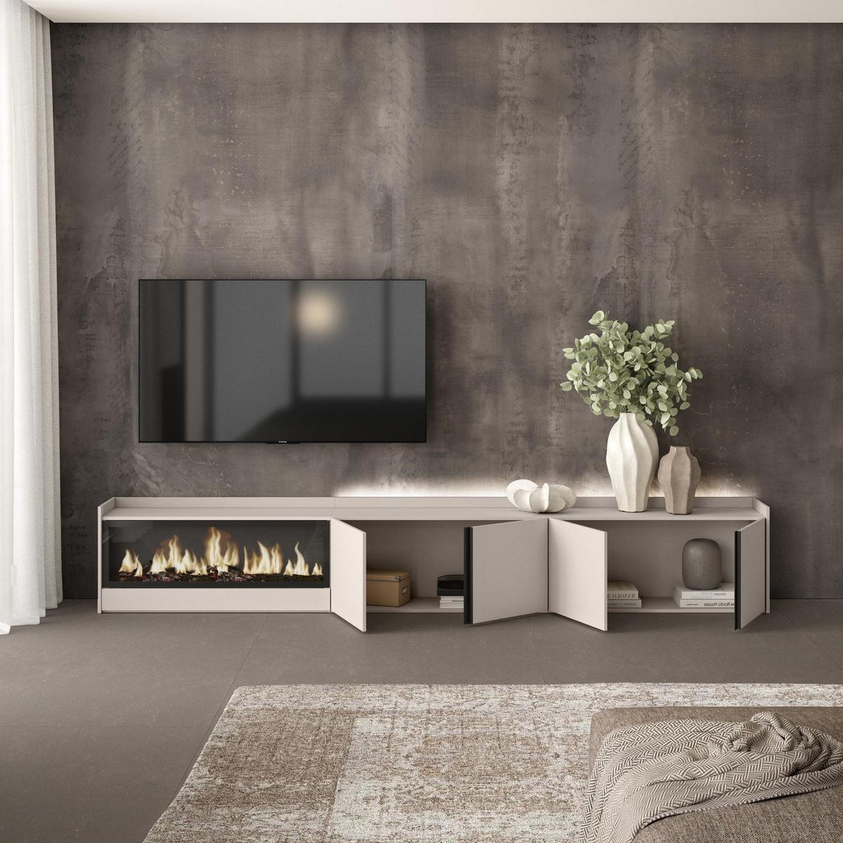 LOWBOARD, Beige, 315/35/50cm, Kamin mit Feuereffekt XXL - Beige, Holzwerkstoff (315/50/35cm) - Skraut Home