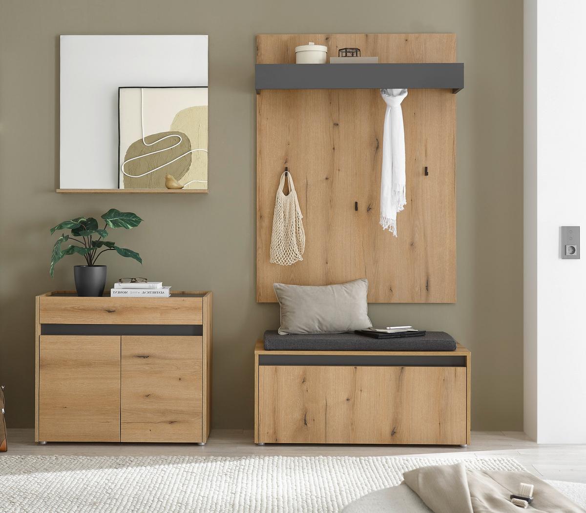 GARDEROBE-SET Evoke Eiche mit Grau, 5-teilige Flurgarderobe 190 cm inklusive Sitzkissen - Eichefarben/Schwarz, Glas/Holzwerkstoff (190/200/40cm) - Furn.Design