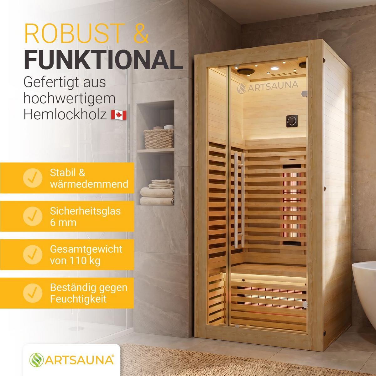 INFRAROTKABINE Trondheim90 natur mit Dual-Technologie & Hemlockholz - Naturfarben, Holz (90/190/90cm) - Artsauna