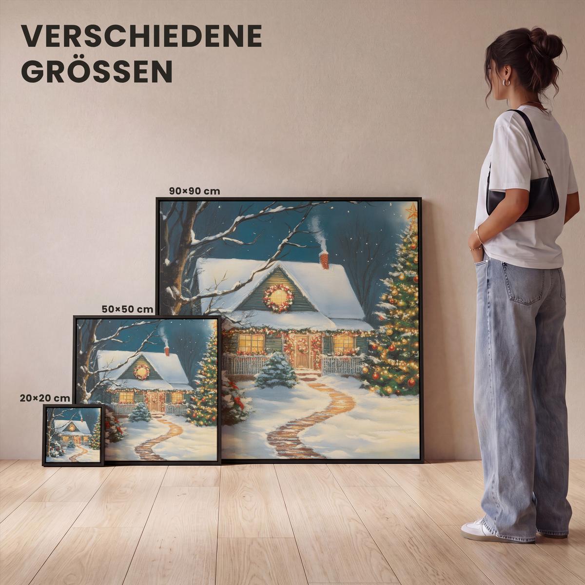 LEINWAND Bilder mit Rahmen - Weihnachten - Weihnachtsbaum - Winter - Zuhause - Schnee - 50x50 - Smaragdgrün, Textil (50/50cm) - MuchoWow