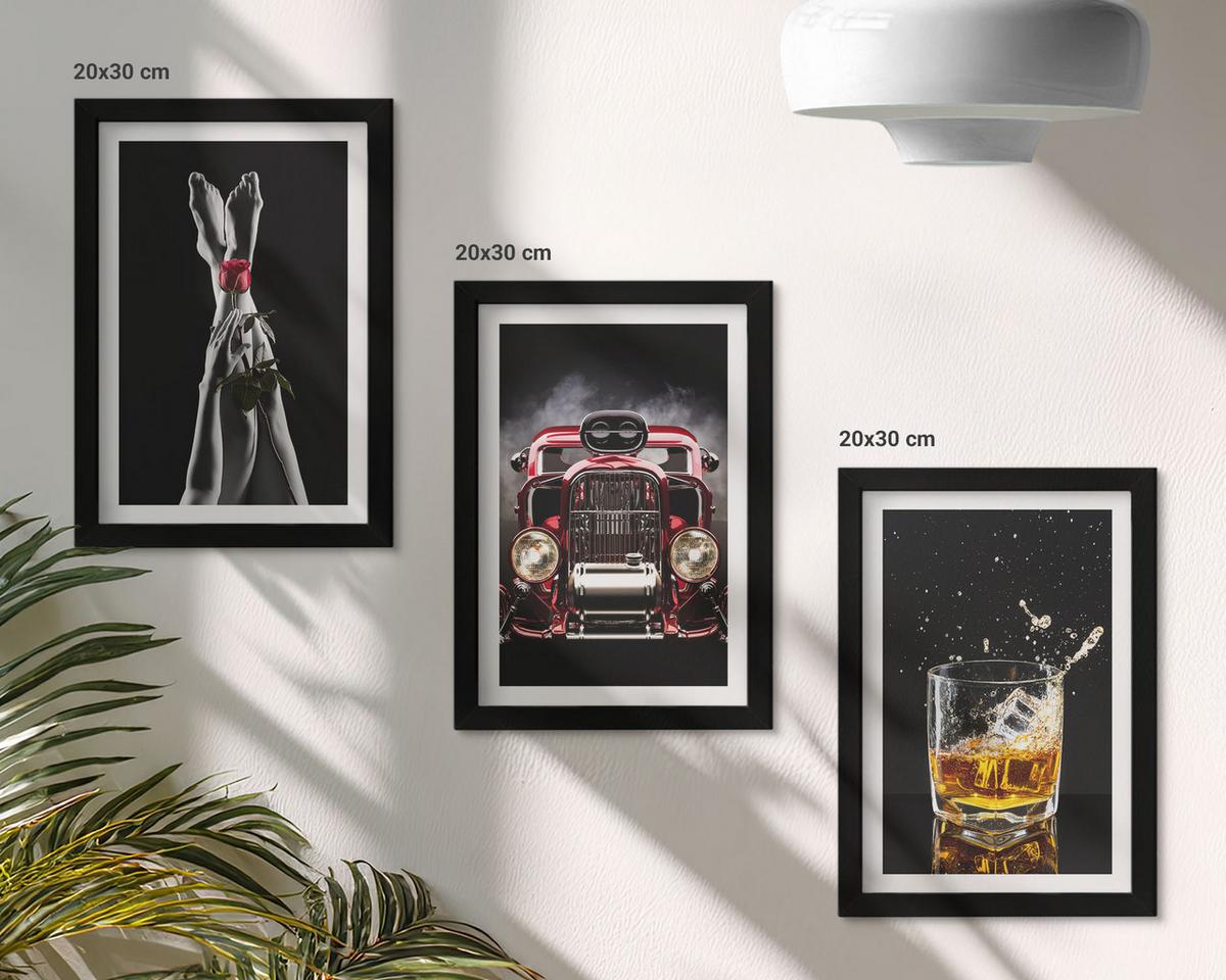 BILDER SET 3er Set - 20x30 cm Schwarzer Rahmen - Frauenbeine Rosenauto Whisky - Schwarz, Kunststoff (20/30cm) - TULUP