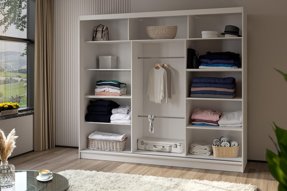 SCHWEBETÜRENSCHRANK Cabinio Weiß Grau 240/216/61 cm – mit Spiegel und Lamellen - Weiß/Grau, Holzwerkstoff/Kunststoff (240/216/61cm) - AX Living