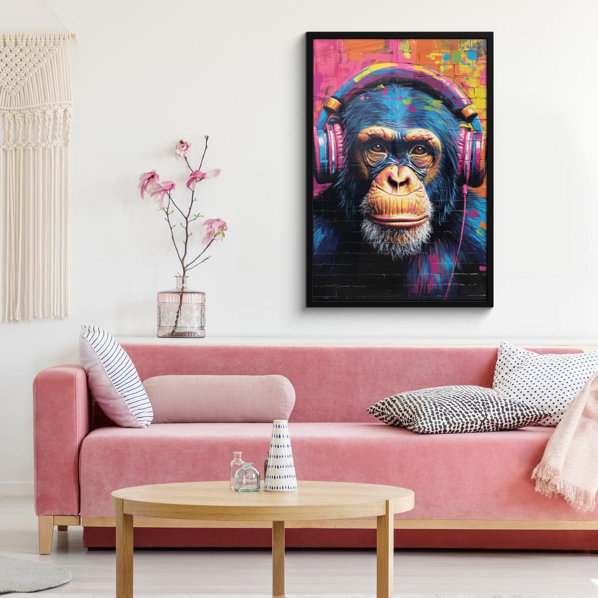 POSTER MIT RAHMENGERAHMTES BILD Graffiti - Schimpanse - Straßenkunst - Kopfhörer - Affe 60x90 cm - Blau, Papier (60/90cm) - MuchoWow