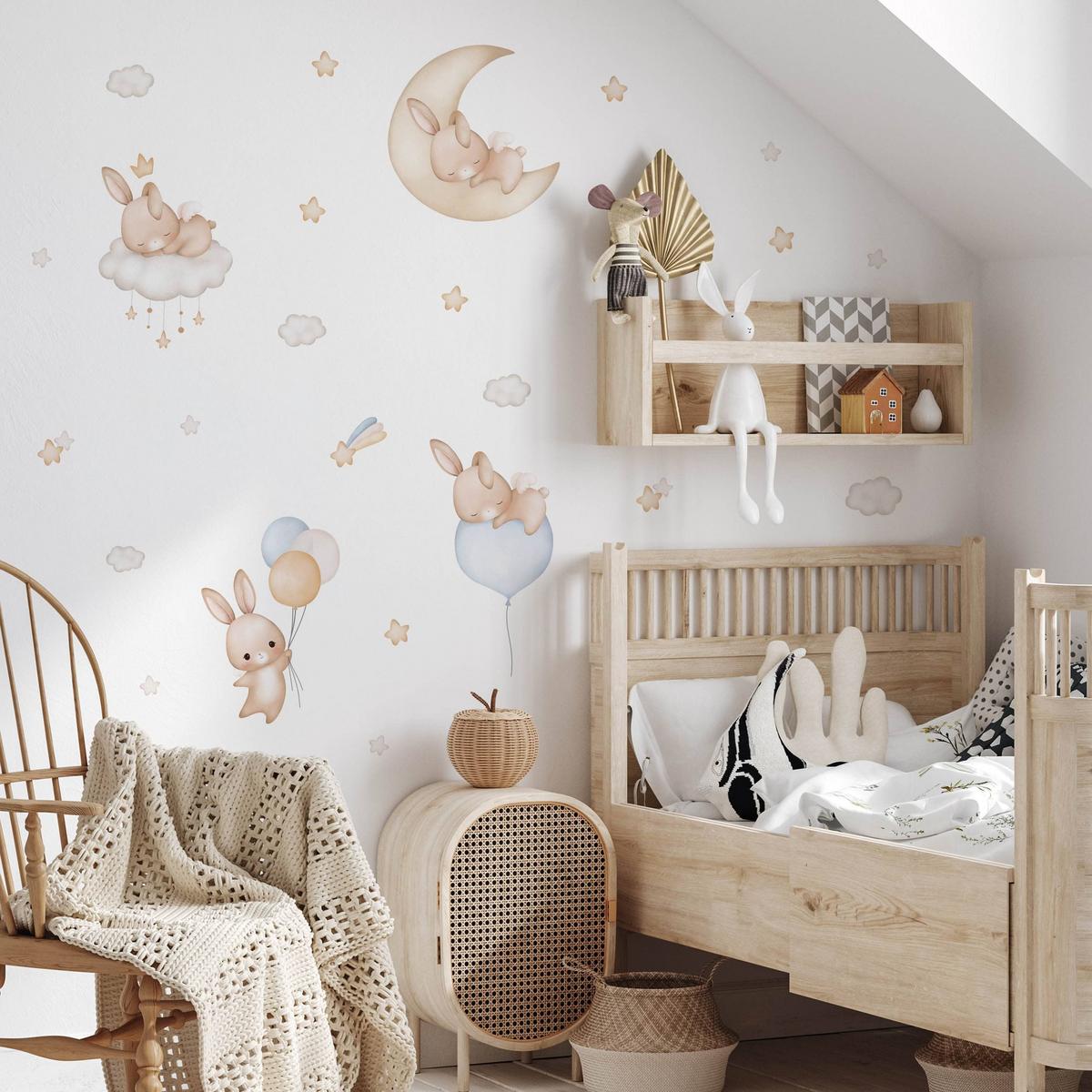 WANDSTICKER Kaninchen Wolken Sterne Ballons 120x60 - Gelb/Beige, Papier (120/60/1cm) - Muralo