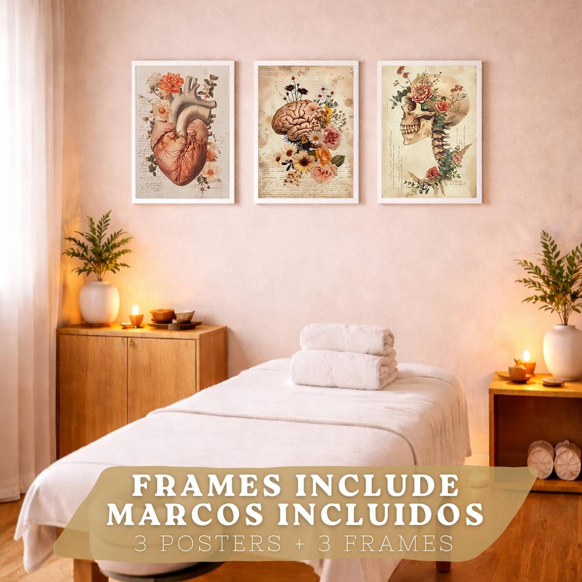 POSTER Set aus 3 Anatomie Mensch Drucke und Wandbilder mit Herz Gehirn und Schädel Vintage Floraler Stil Wanddekoration Größe Weißer Rahmen A4 - Weiß, Papier (21/29.7/3cm) - Nacnic
