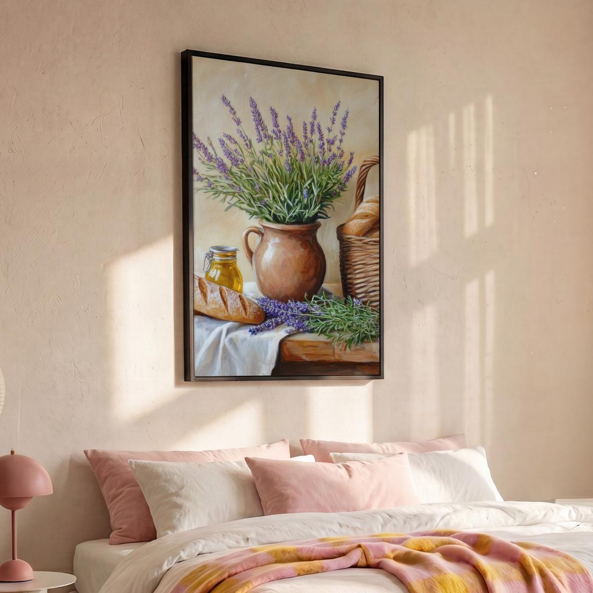 LEINWAND Bilder mit Rahmen - Lavendel - Brot - Stilleben - 80x120 - Flieder, Textil (80/120cm) - MuchoWow