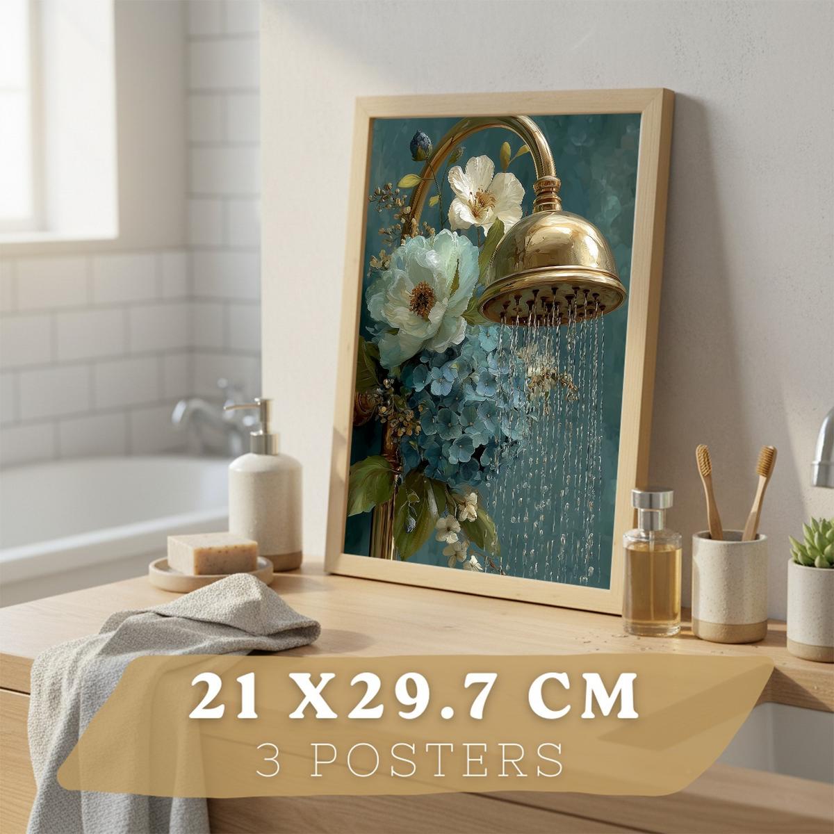 POSTER 3er-Set dekorative Badezimmer-Poster, elegante für Wand, Waschbecken, Dusche, mit Armatur, Spiegel und goldener Dusche Leichter Holzrahmen A4 - Beige, Papier (29.7/21/3cm) - Nacnic