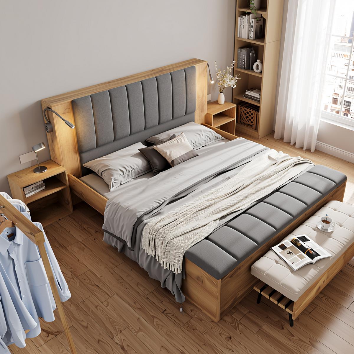 POLSTERBETT eiche-optik & leinen 160X200 mit nachttischen & bettbank - Eichefarben, Holz (160/200cm) - Urban Meuble