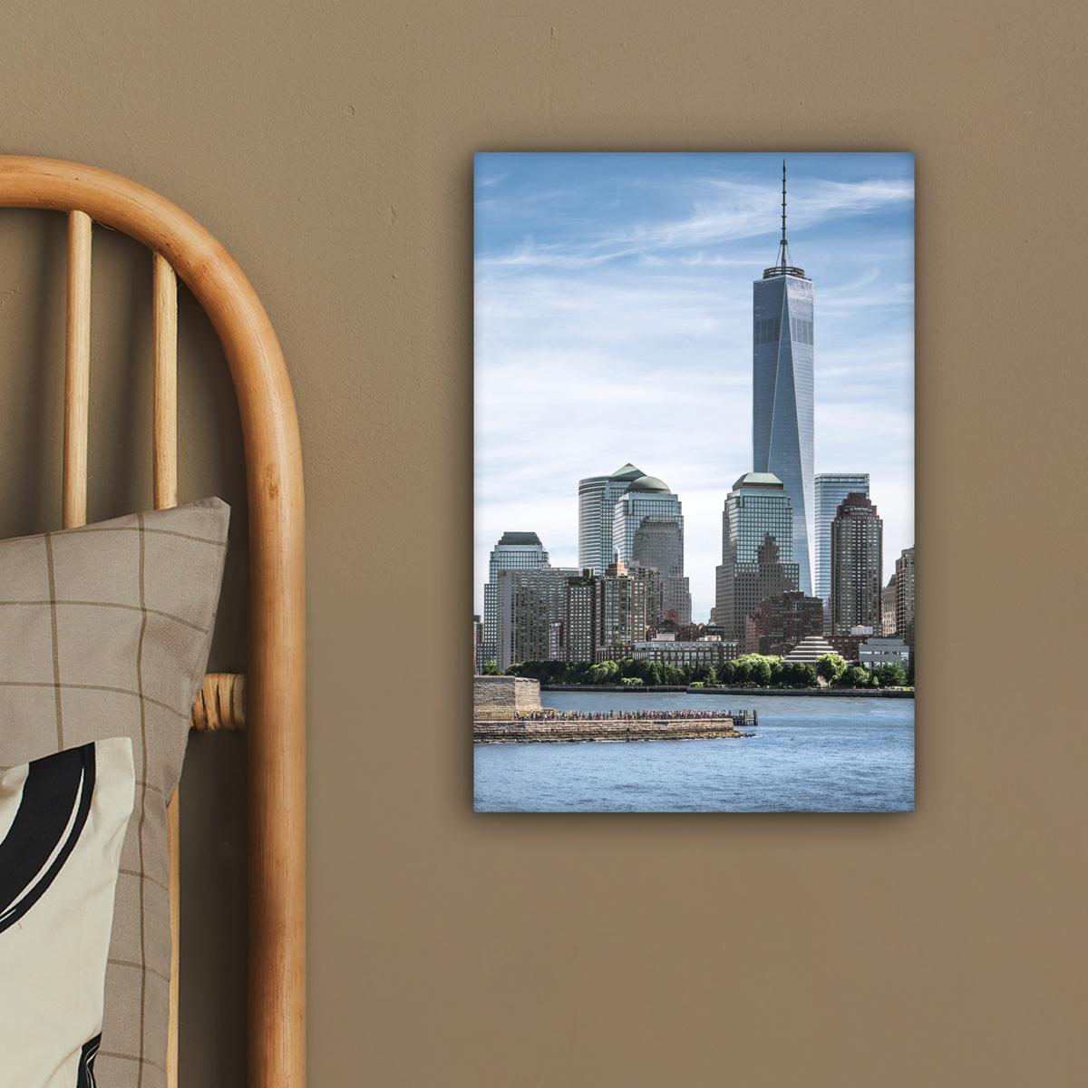 LEINWANDBILD New York - Freiheitsstatue - Wasser Deko Wohnzimmer 20x30 cm - Hellblau, Textil (20/30cm) - MuchoWow