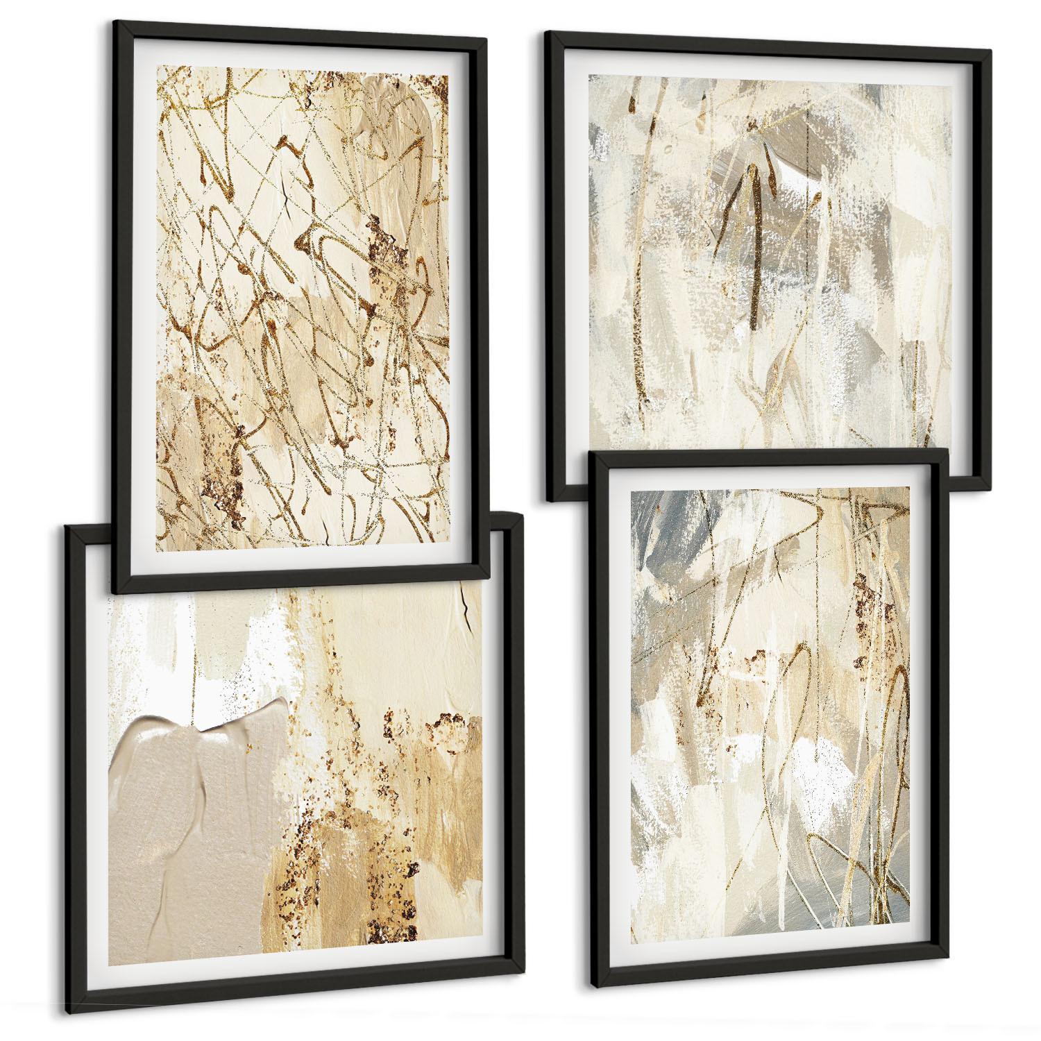 BILDER SET 4er Set - 50x50 cm & 40x60 cm Schwarzer Rahmen - Beige abstrakte Formen Linien - Schwarz, Kunststoff (50/50cm) - TULUP